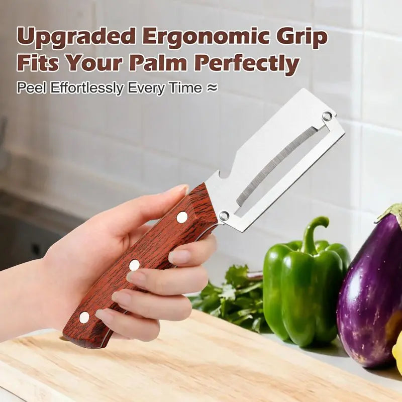 Wooden-Handled Stainless Steel Sharp Peeler with Built-In Bottle Opener for Fruits & Vegetables - Norvantar