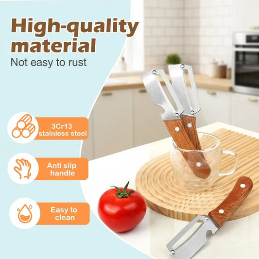 Wooden-Handled Stainless Steel Sharp Peeler with Built-In Bottle Opener for Fruits & Vegetables - Norvantar