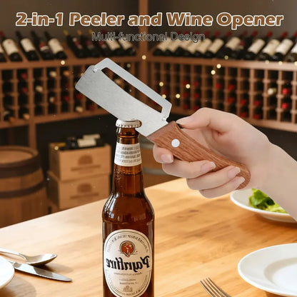 Wooden-Handled Stainless Steel Sharp Peeler with Built-In Bottle Opener for Fruits & Vegetables - Norvantar