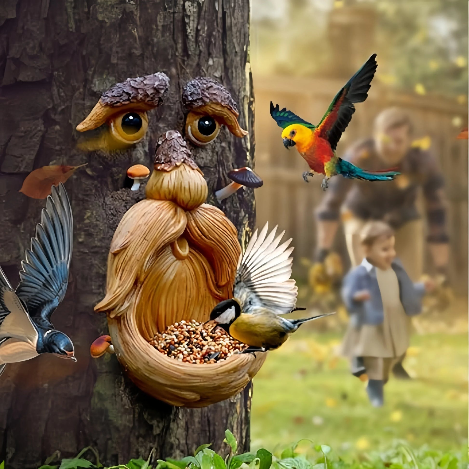 Wooden bird feeder shaped like a fairy with birds around it, in front of a tree.