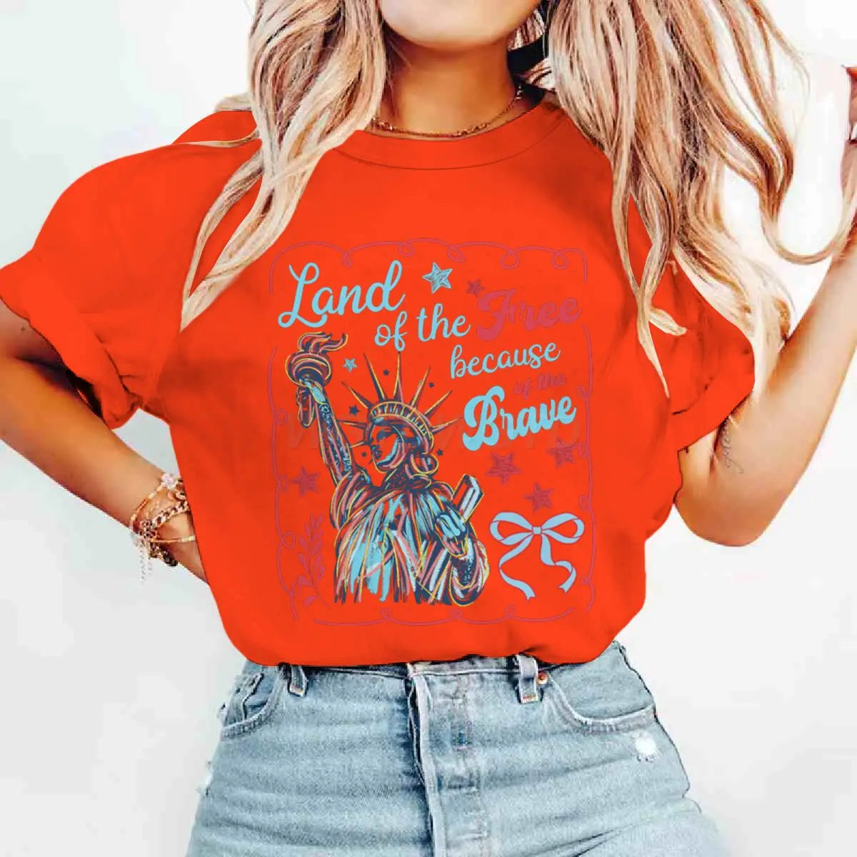 Land Of The Free Because Of The Brave T-Shirts 4th Of July T-shirt Short Sleeve Funny Casual Summer Tops Women's Clothing
