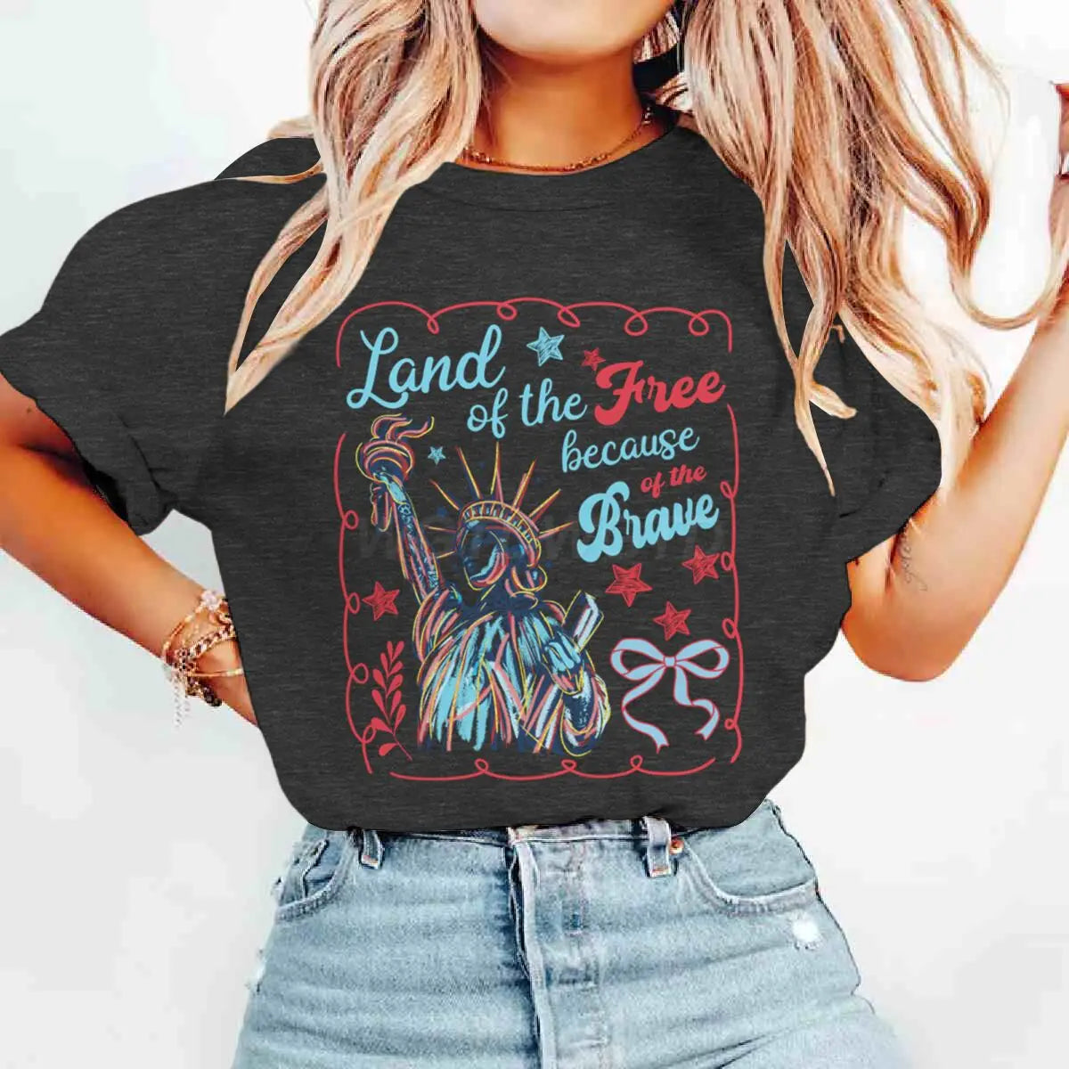 Land Of The Free Because Of The Brave T-Shirts 4th Of July T-shirt Short Sleeve Funny Casual Summer Tops Women's Clothing