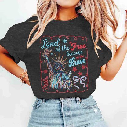 Land Of The Free Because Of The Brave T-Shirts 4th Of July T-shirt Short Sleeve Funny Casual Summer Tops Women's Clothing