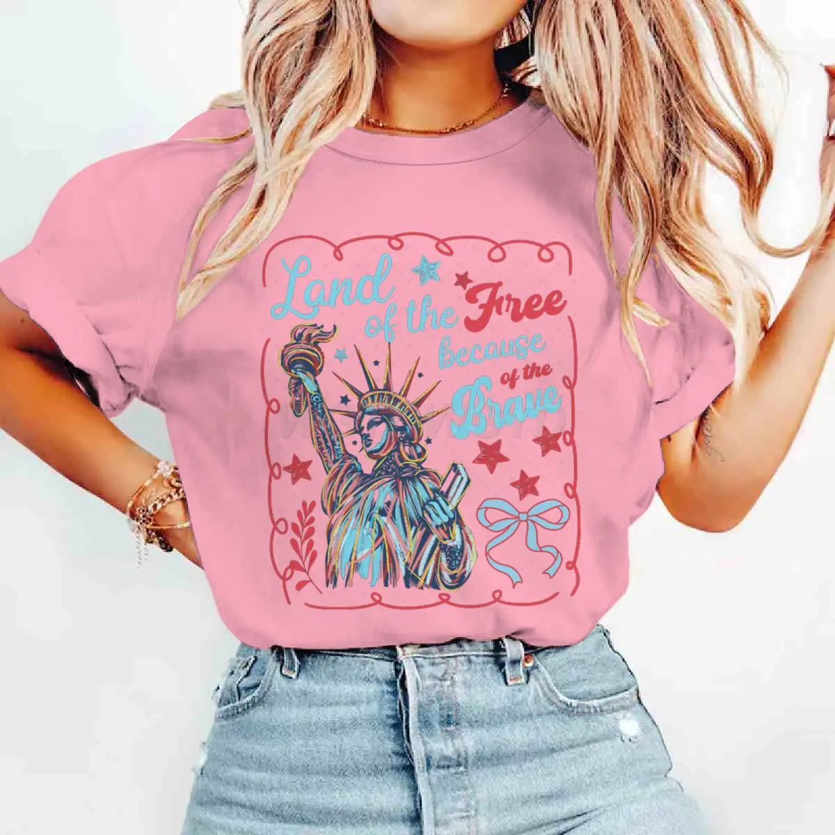 Land Of The Free Because Of The Brave T-Shirts 4th Of July T-shirt Short Sleeve Funny Casual Summer Tops Women's Clothing
