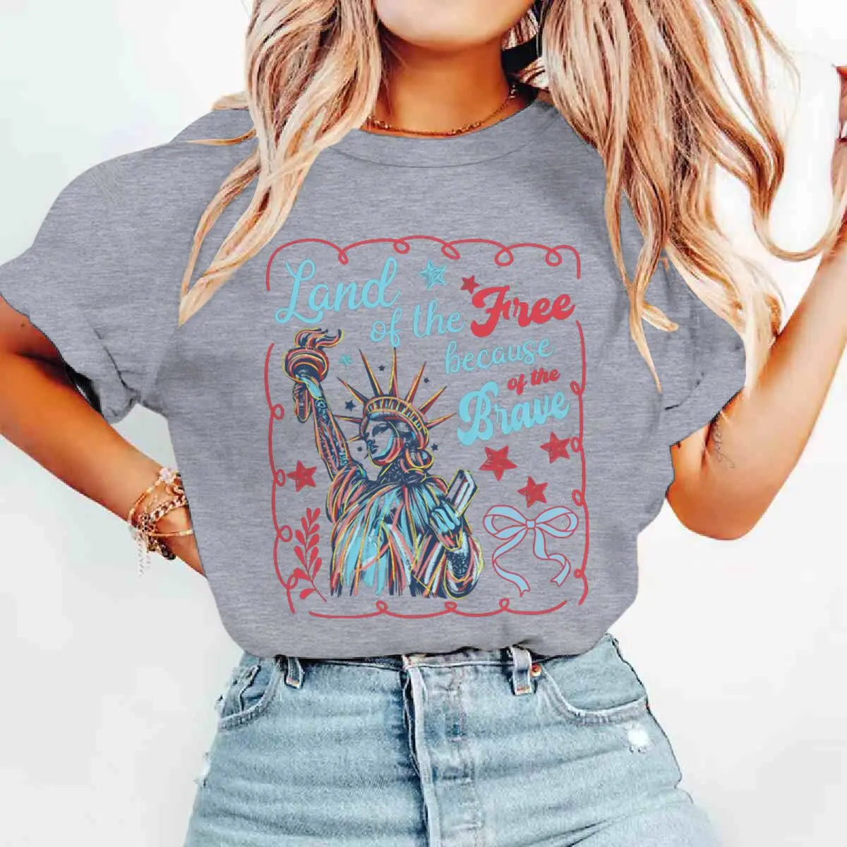 Land Of The Free Because Of The Brave T-Shirts 4th Of July T-shirt Short Sleeve Funny Casual Summer Tops Women's Clothing