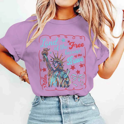 Land Of The Free Because Of The Brave T-Shirts 4th Of July T-shirt Short Sleeve Funny Casual Summer Tops Women's Clothing