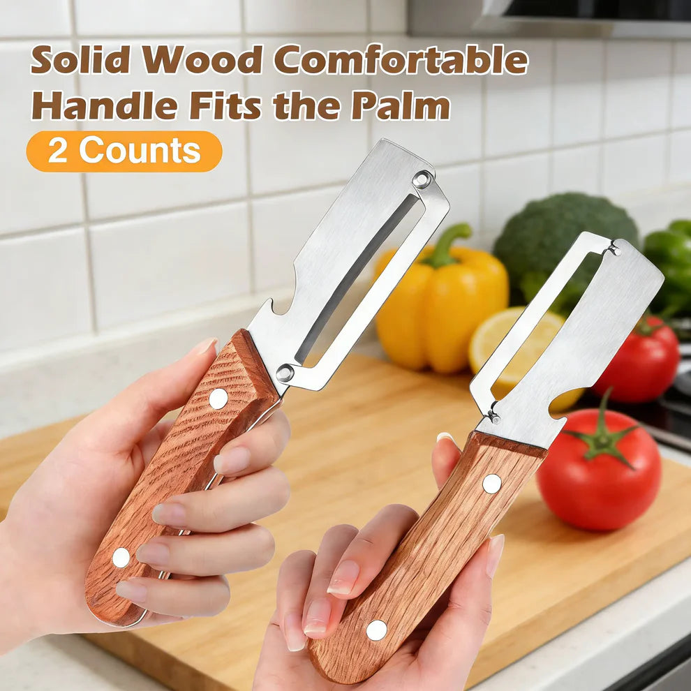 Wooden-Handled Stainless Steel Sharp Peeler with Built-In Bottle Opener for Fruits & Vegetables - Norvantar