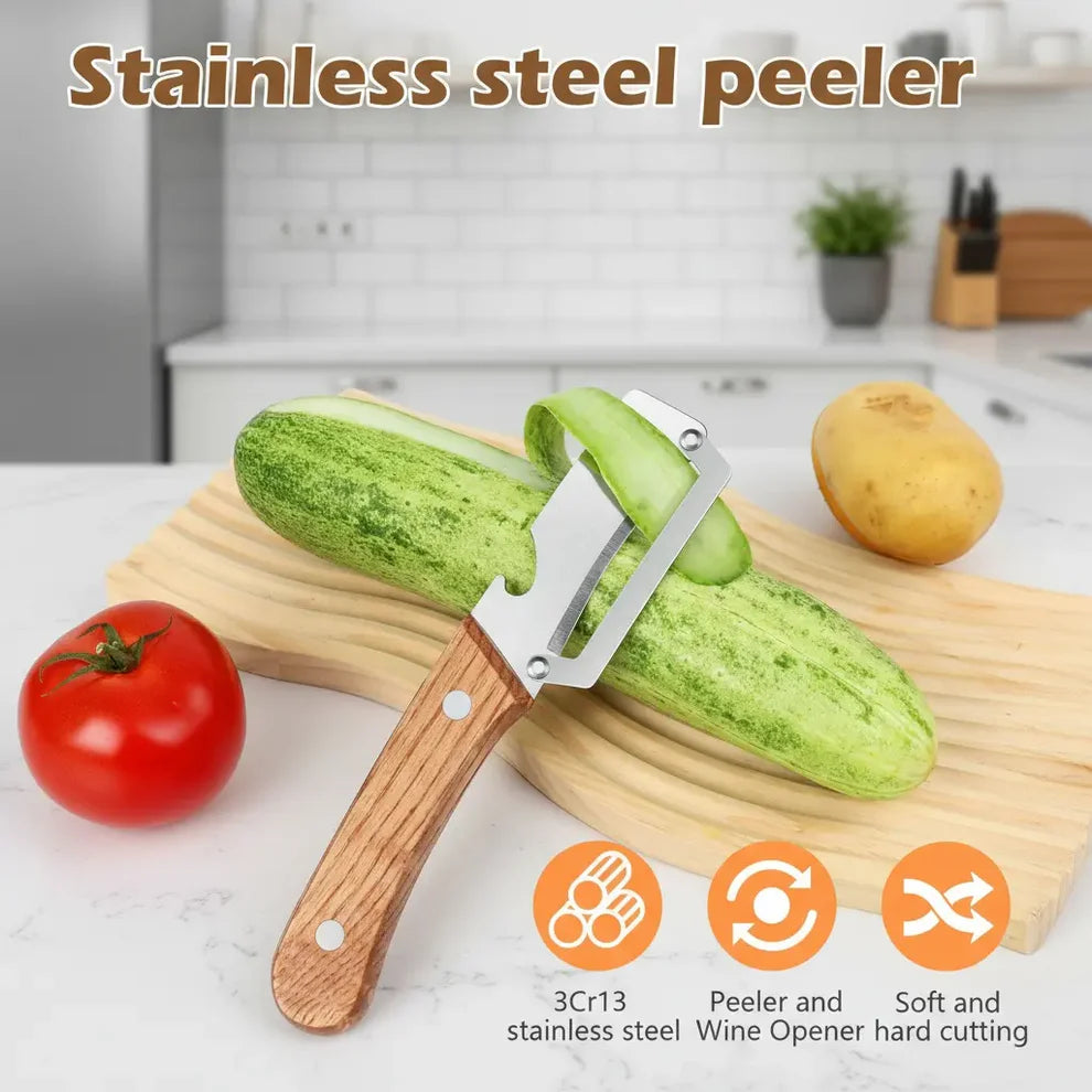 Wooden-Handled Stainless Steel Sharp Peeler with Built-In Bottle Opener for Fruits & Vegetables - Norvantar