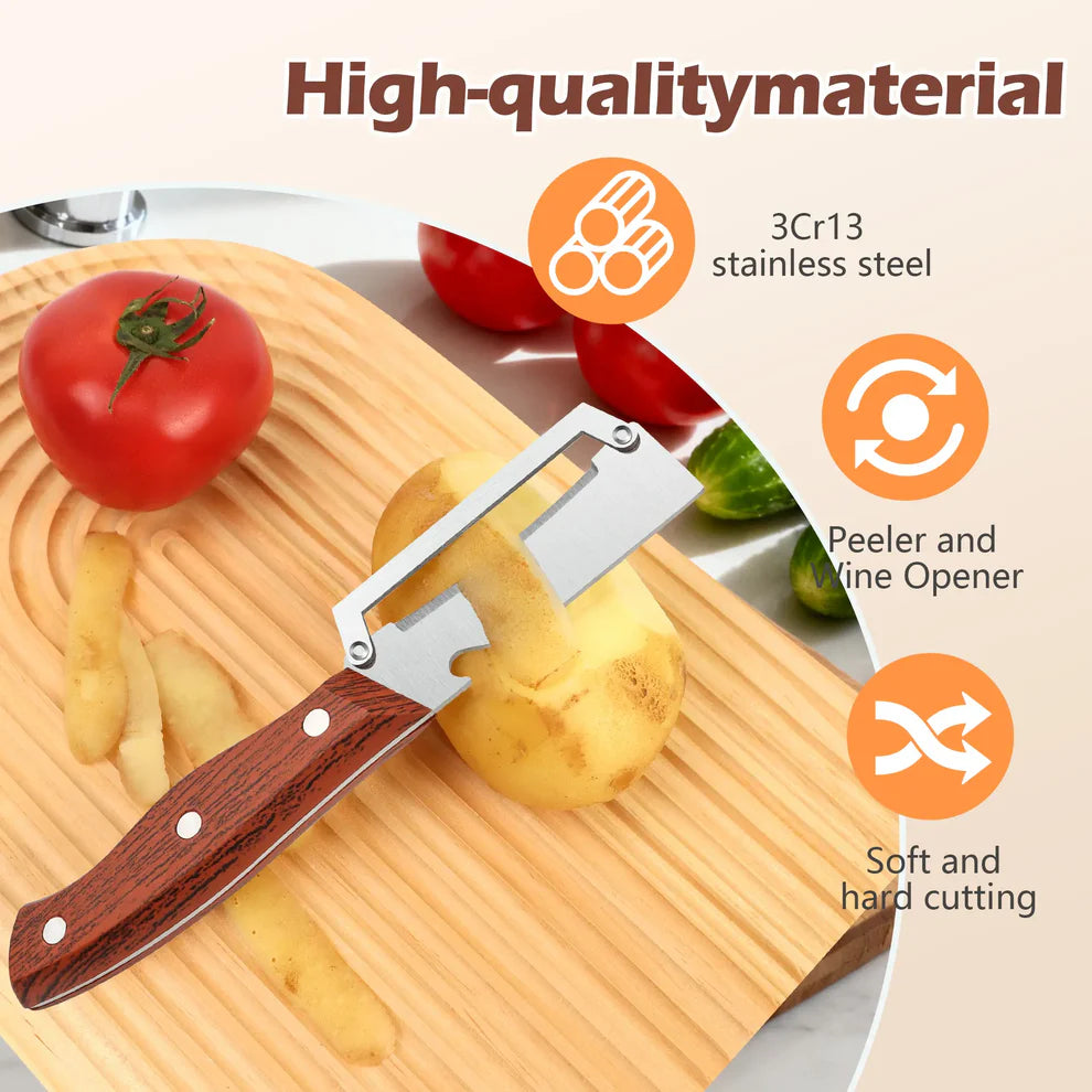 Wooden-Handled Stainless Steel Sharp Peeler with Built-In Bottle Opener for Fruits & Vegetables - Norvantar