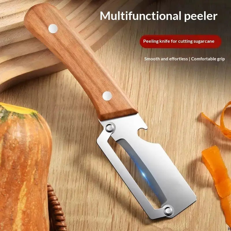 Wooden-Handled Stainless Steel Sharp Peeler with Built-In Bottle Opener for Fruits & Vegetables Norvantar